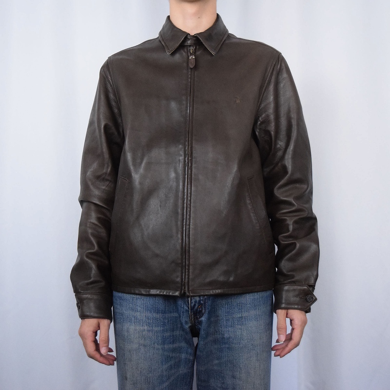 ポロラルフローレン ロゴ刺繍 革ジャン 本革 茶色 ブラウン チンスト