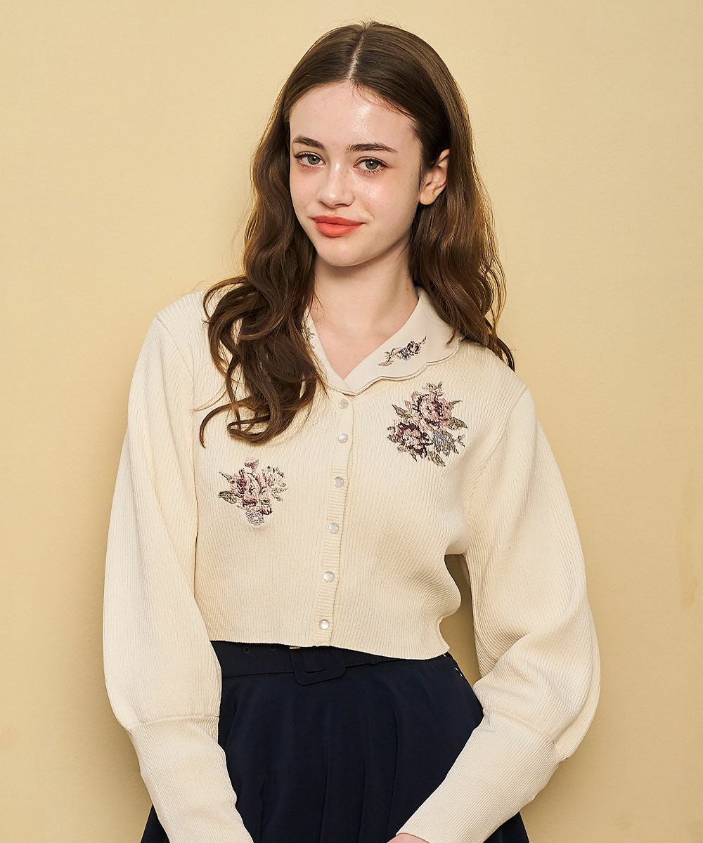 アシメローズ刺繍リブニットカーディガン/an another angelus