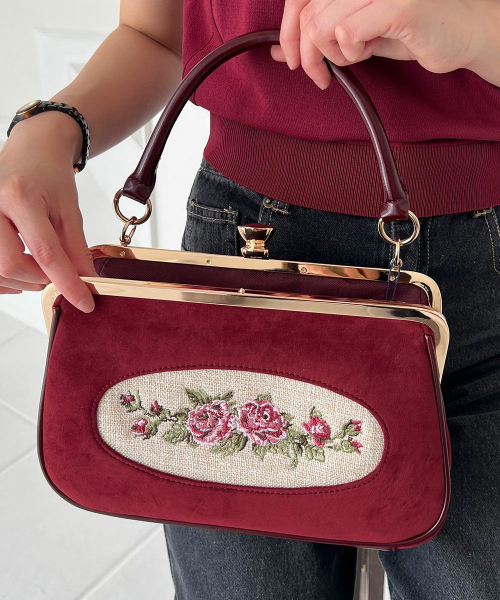 フレームローズ刺繍クロップドがま口バッグ/an another angelus