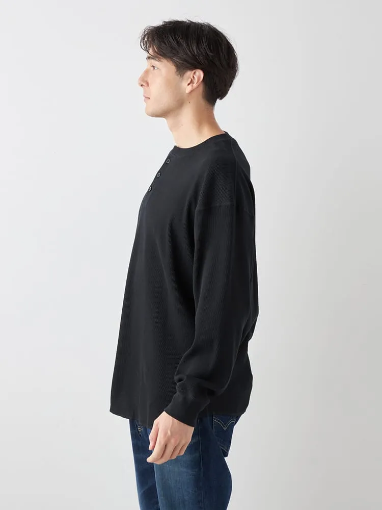 L．グレー 【EL.FO】無地ワッフル編みヘンリーネック長袖Tシャツ