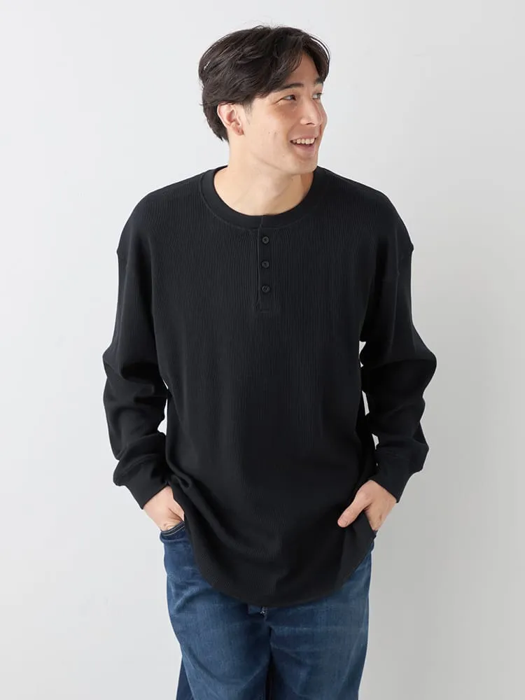L．グレー 【EL.FO】無地ワッフル編みヘンリーネック長袖Tシャツ