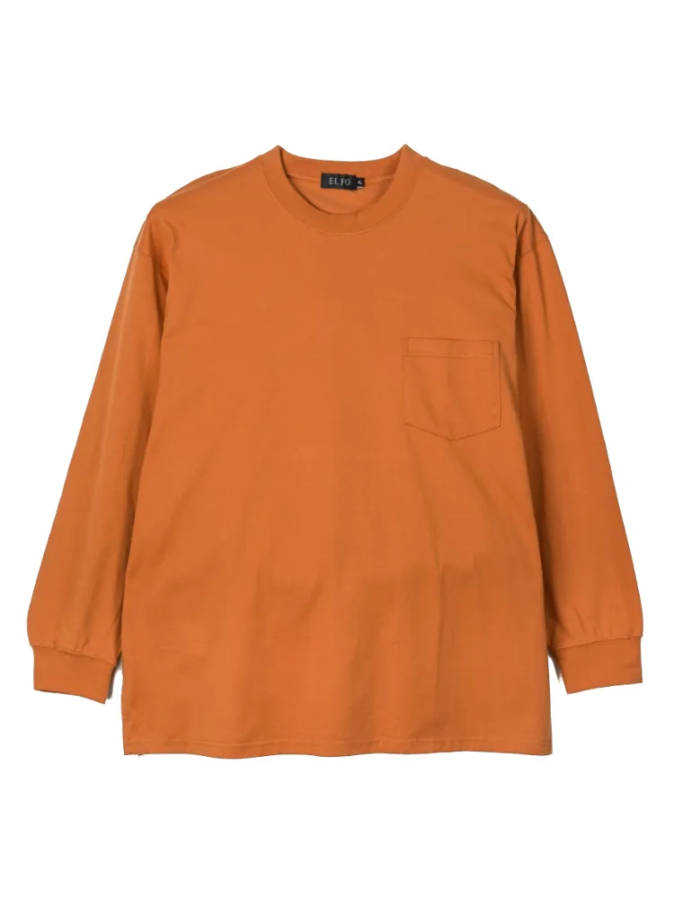 オレンジ 【EL.FO】無地ポケット付きタフ衿クルーネック長袖Tシャツ