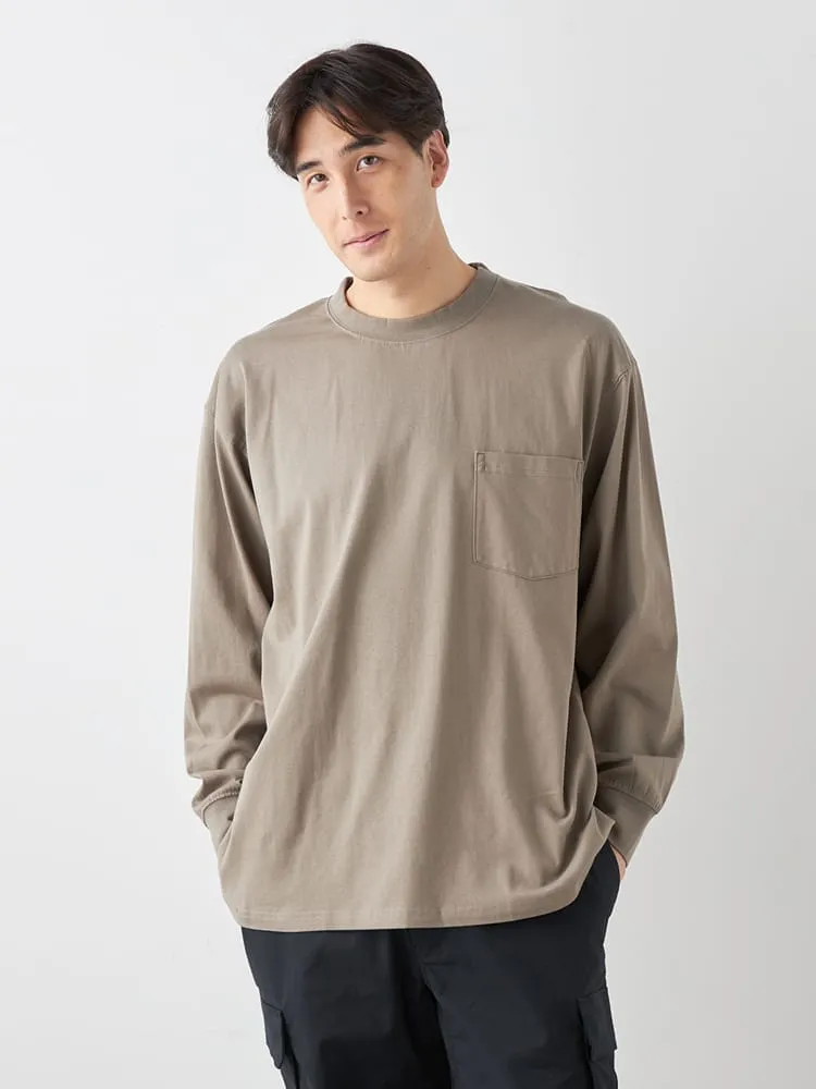 ベージュ 【EL.FO】無地ポケット付きタフ衿クルーネック長袖Tシャツ