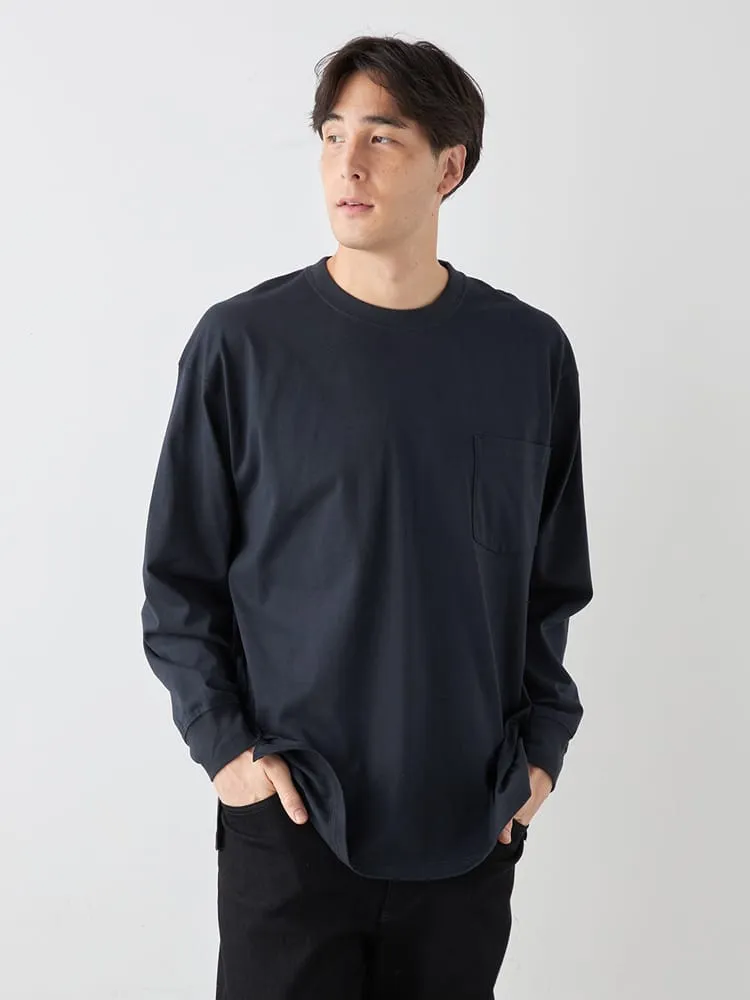 オレンジ 【EL.FO】無地ポケット付きタフ衿クルーネック長袖Tシャツ