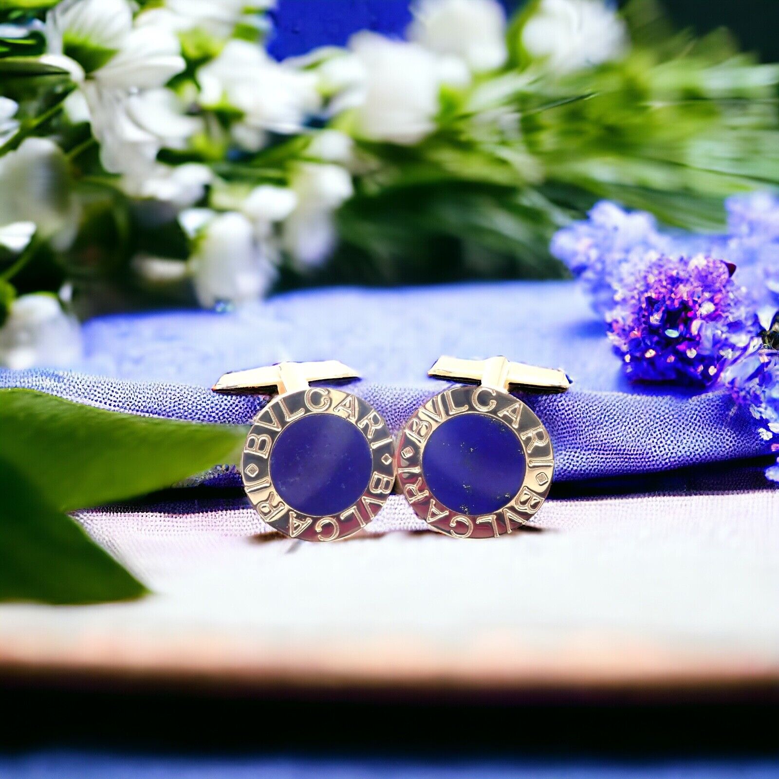 Authentic! Bvlgari Bulgari 18k Yellow Gold Lapis Lazuli Cufflinks