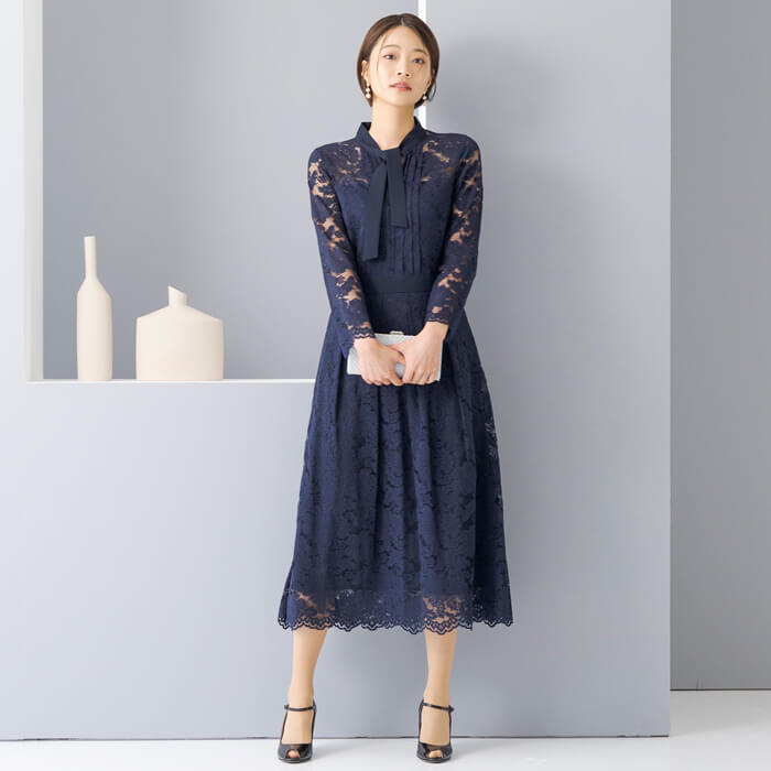 WEB限定｜ボウタイレースドレス 11号・ネイビー｜東京ソワール