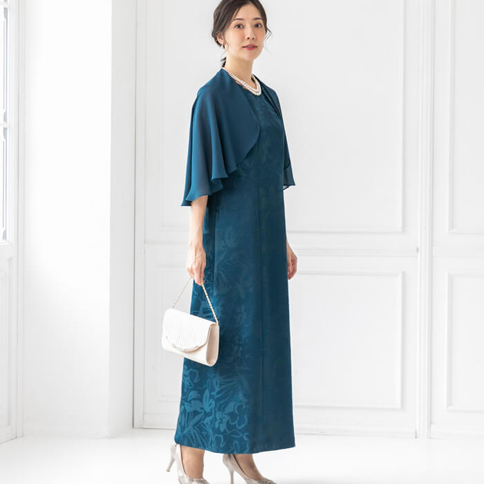 ケープ付き前開きのロングドレス 13号・ダルブルー｜東京ソワール