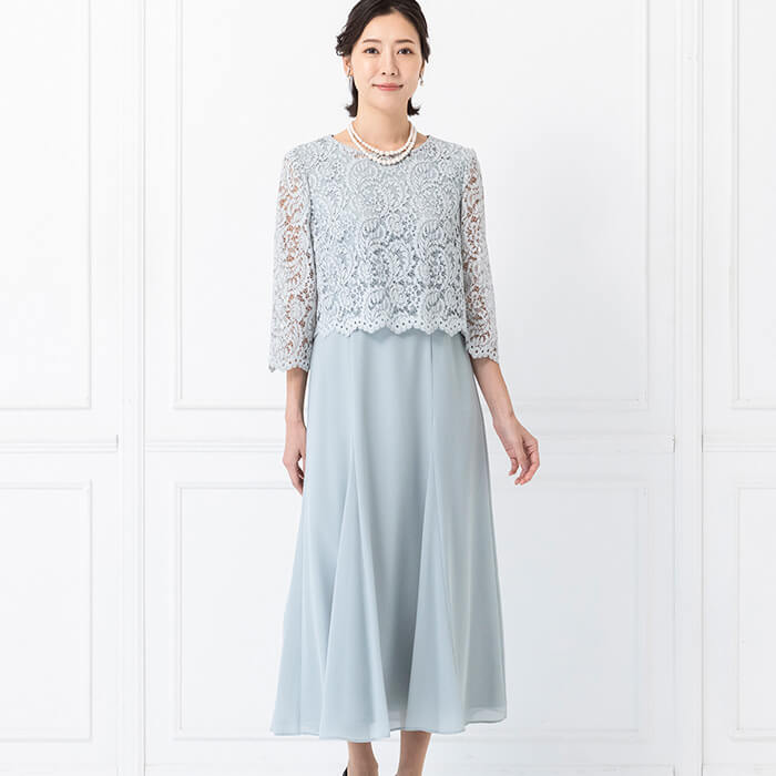 レースブラウス付きの爽やかドレス 9号・ライトグリーン｜東京