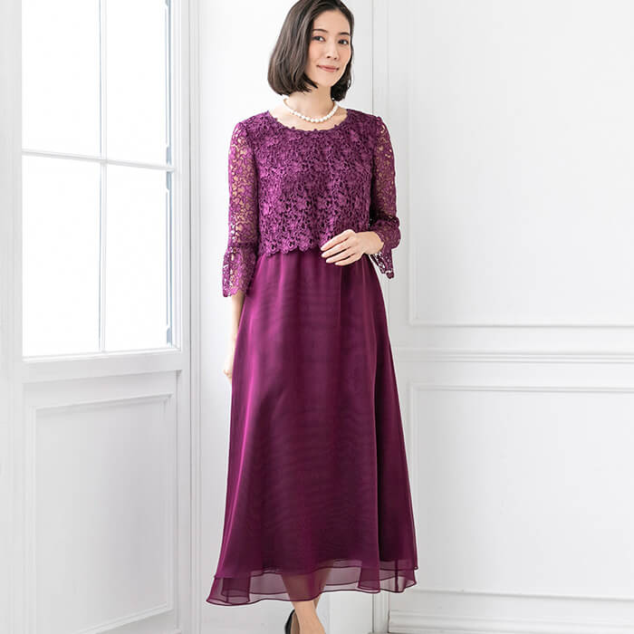 レース×オーガンのフレアーワンピース 7号・ボルドー｜東京ソワール