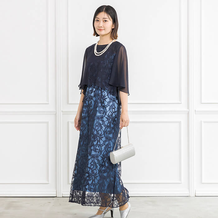 シフォンケープ付きラッセルレースのロングドレス 11号・ネイビー