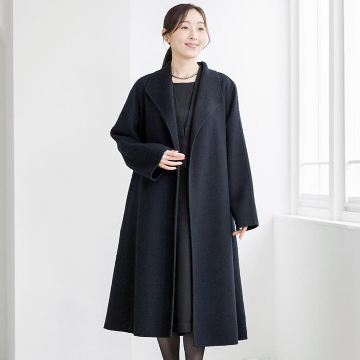 ベルト付｜カシミヤ混のウールコート L・ブラック｜東京ソワール