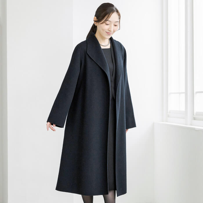 ベルト付｜カシミヤ混のウールコート M・ブラック｜東京ソワール