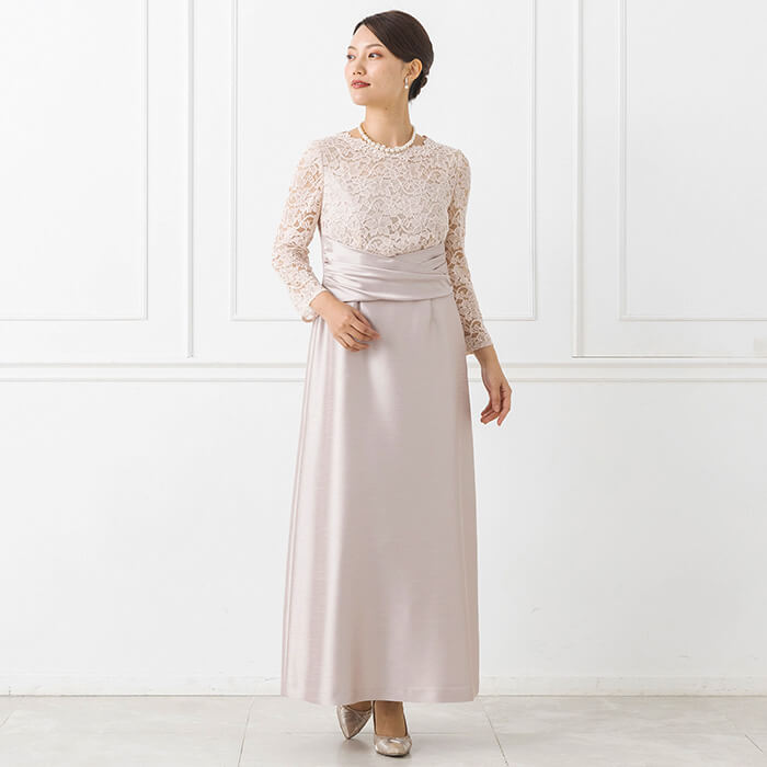 ラッセルレース×シャンタンのロングドレス 13号・ピンクベージュ