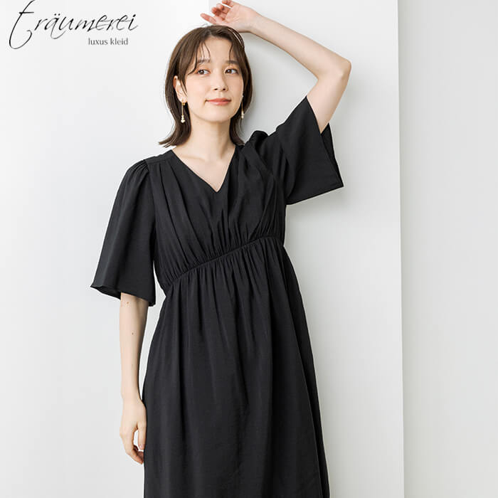 WEB限定｜裾レース切替ギャザードレス 9号・ブラック｜東京ソワール