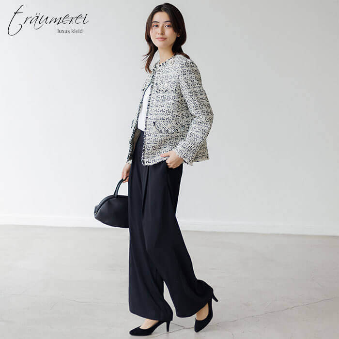 WEB限定｜ツイードワイドパンツスーツ 11号・ブラック×オフ｜東京