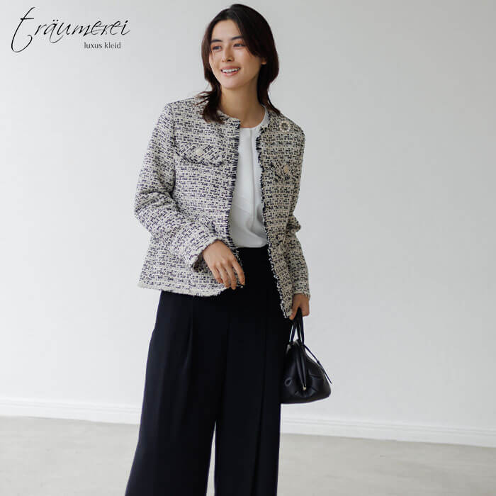 WEB限定｜ツイードワイドパンツスーツ 11号・ブラック×オフ｜東京