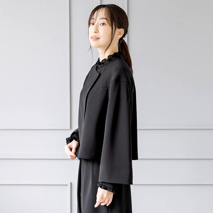 洗える｜ノーカラーのボレロジャケット L・ブラック｜東京ソワール