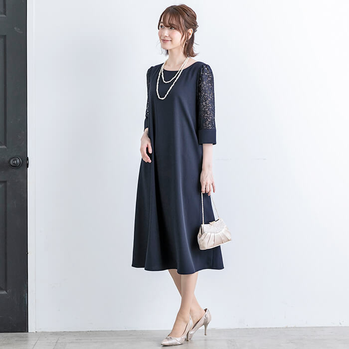 レース袖のワンピース 13号・ネイビー｜東京ソワールオンラインストア
