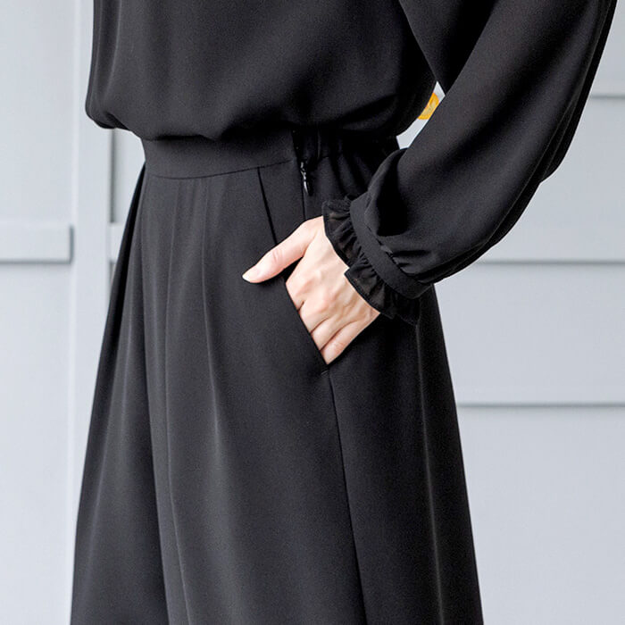 洗える｜ゴム入りワイドフレアパンツ L・ブラック｜東京ソワール