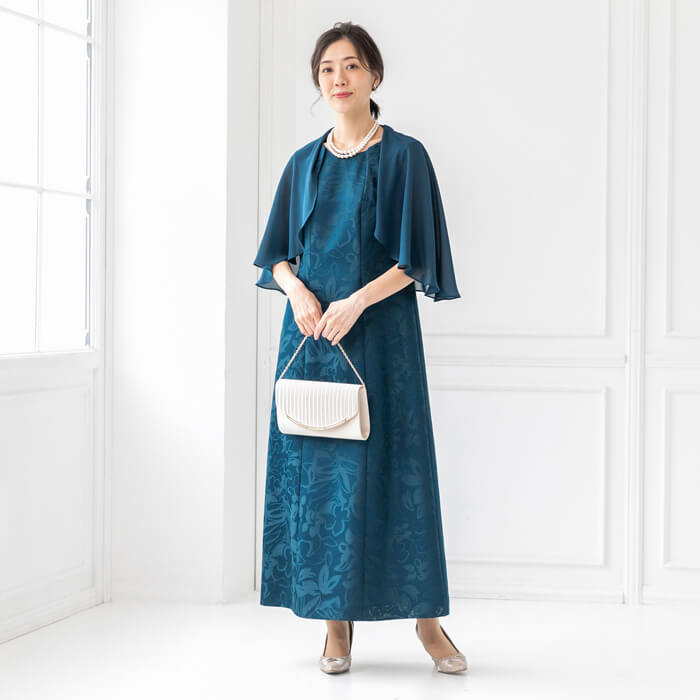 ケープ付き前開きのロングドレス 9号・ダルブルー｜東京ソワール