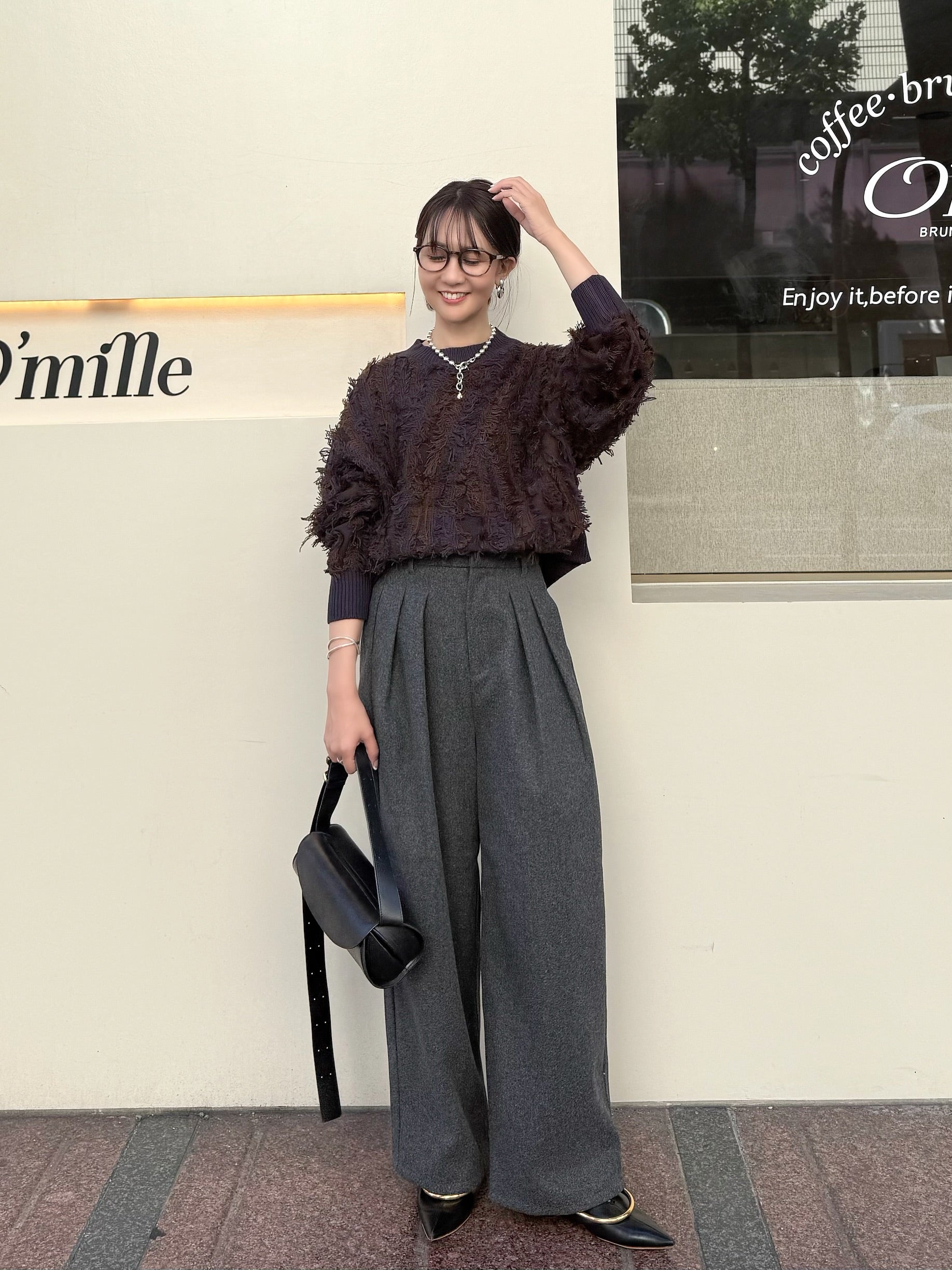 予約】ウールライクタックワイドパンツ / チャコール(11月下旬発送予定