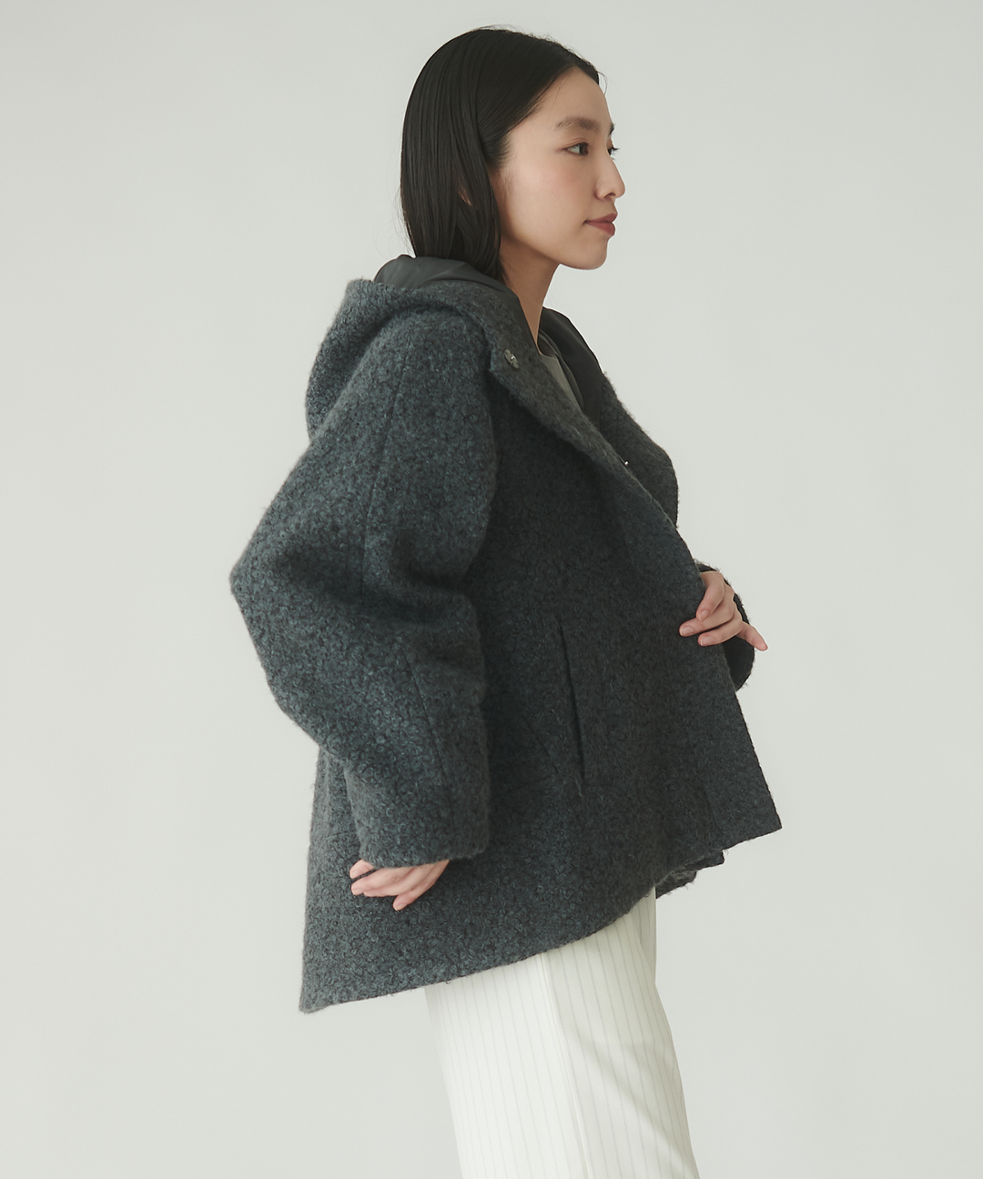 hiyutaです。ブークレ フードショートコート ブークレ フードショート