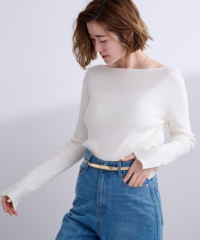 累計販売数1万枚突破！】ボートネックスリットスリーブリブニット