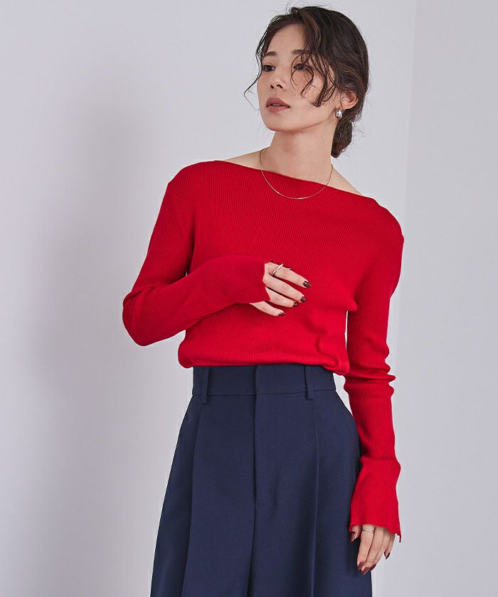 累計販売数1万枚突破！】ボートネックスリットスリーブリブニット