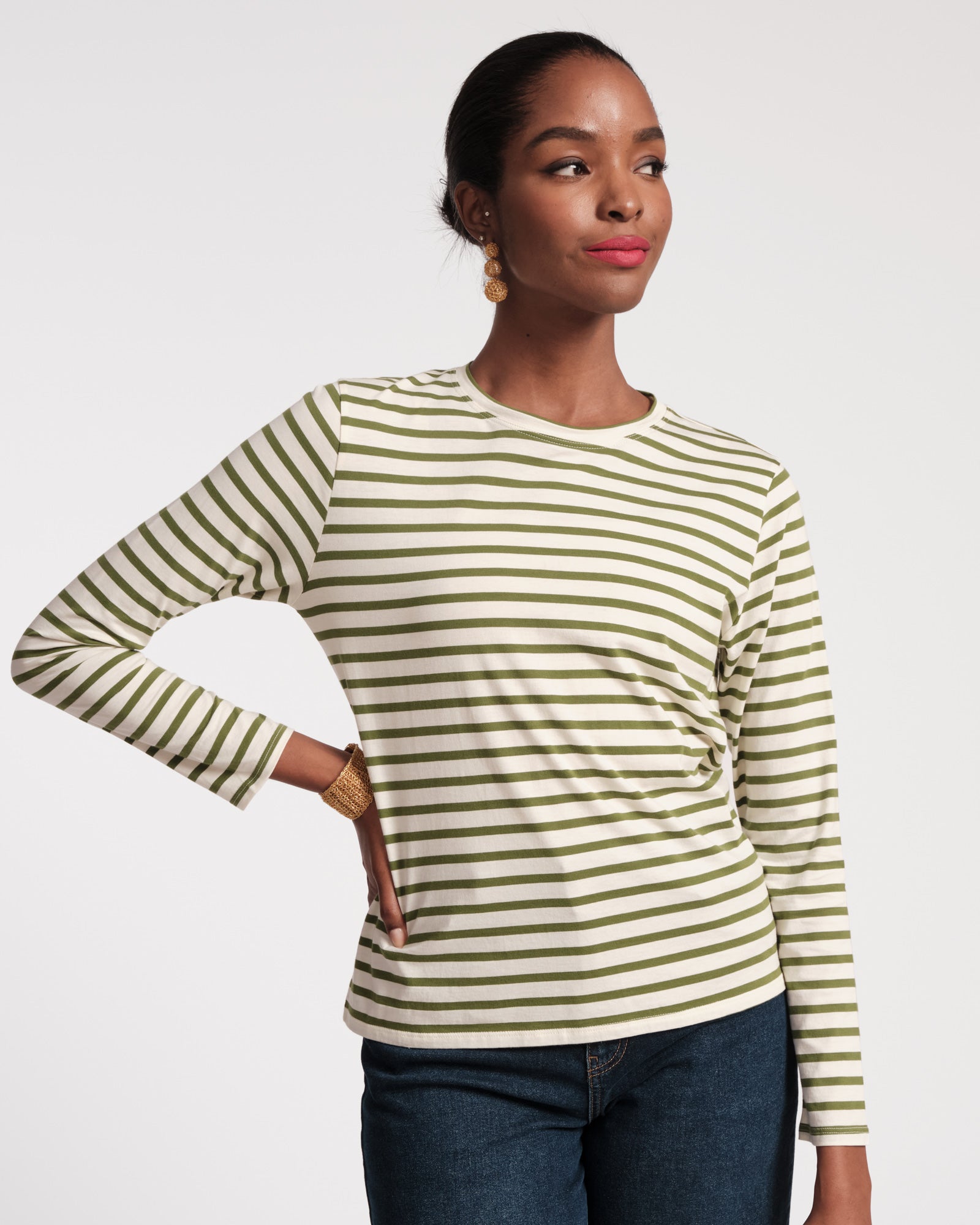 Long Sleeve Striped Shirt Oyster Green | Frances Valentine