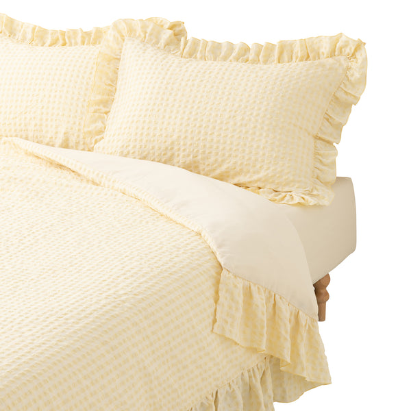 フリルチェック 寝具カバーセット セミダブル アイボリー×イエロー