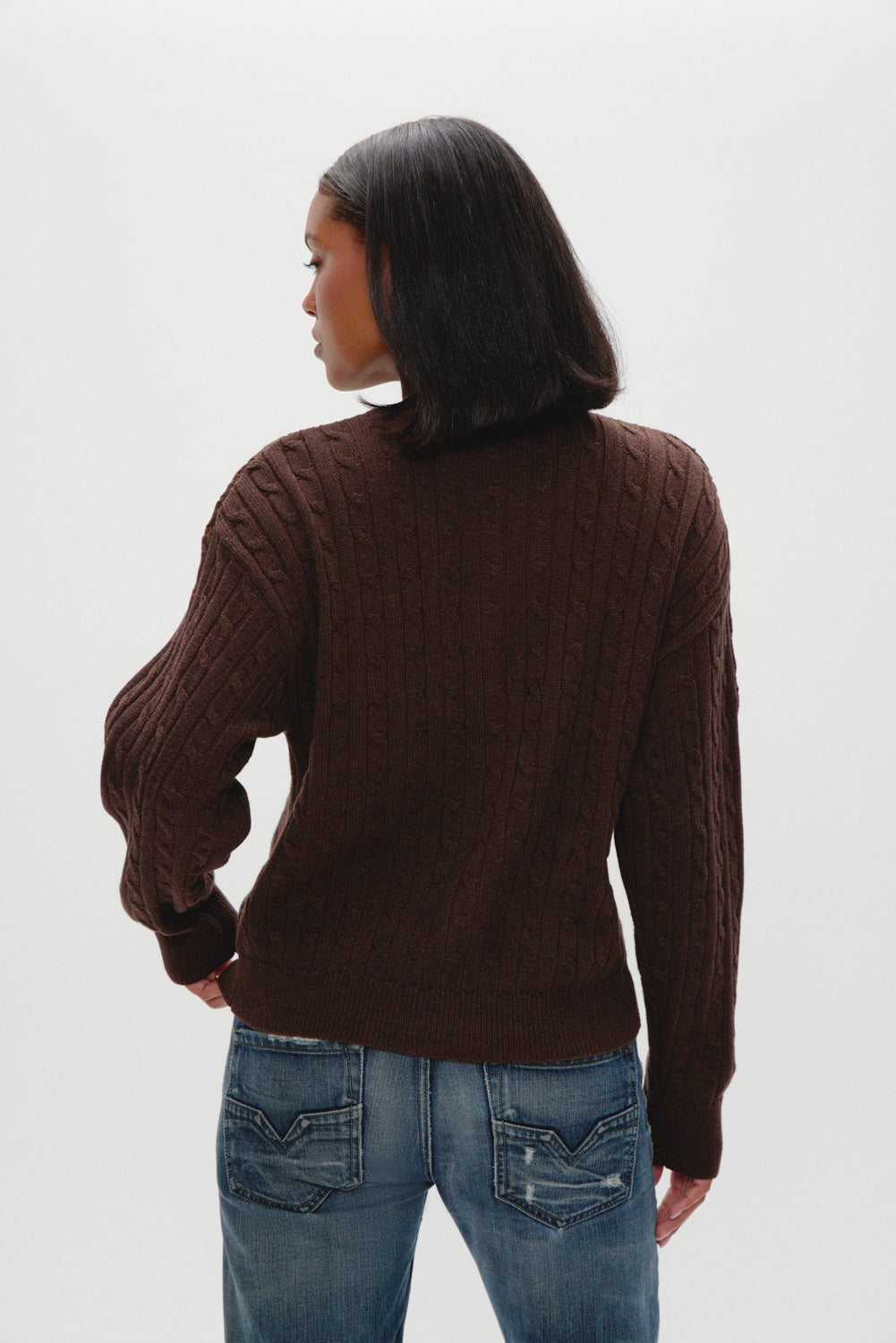 Bea Cable Knit Zip Up Sweater - Chocolate Brown