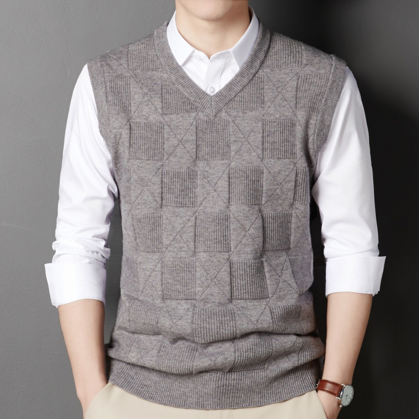 ベスト メンズ 幾何学模様編み込みブイネックニットベスト ニット