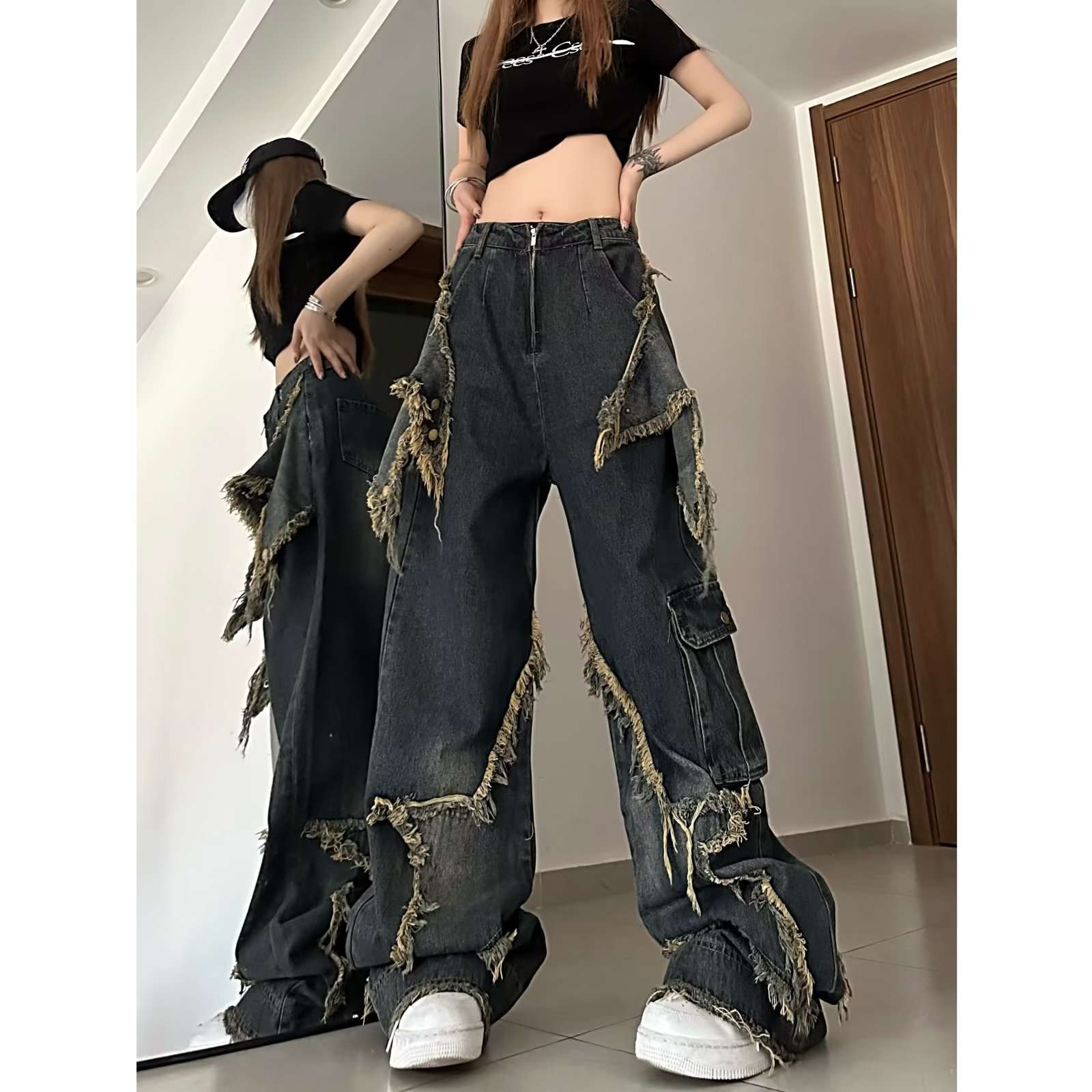 黒コーデ フリンジデザイン オーバーサイズ デニムパンツ パンツ|黒