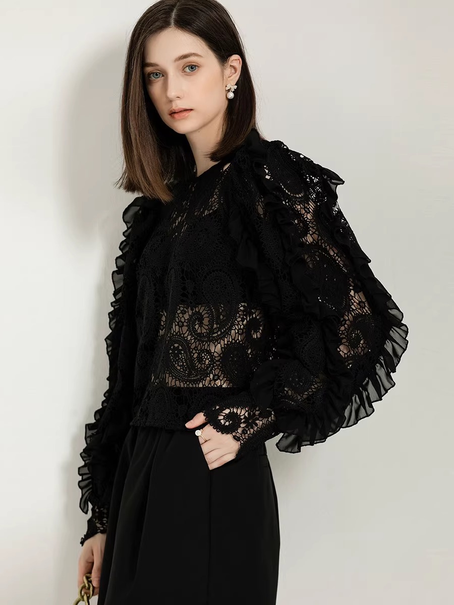 黒ブラウス フリル襟付きロング丈シフォンブラウス フリルブラウス|黒