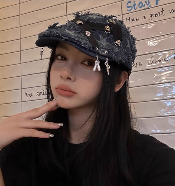 デニム生地キャスケット星柄金具付きレディース帽子 デニム