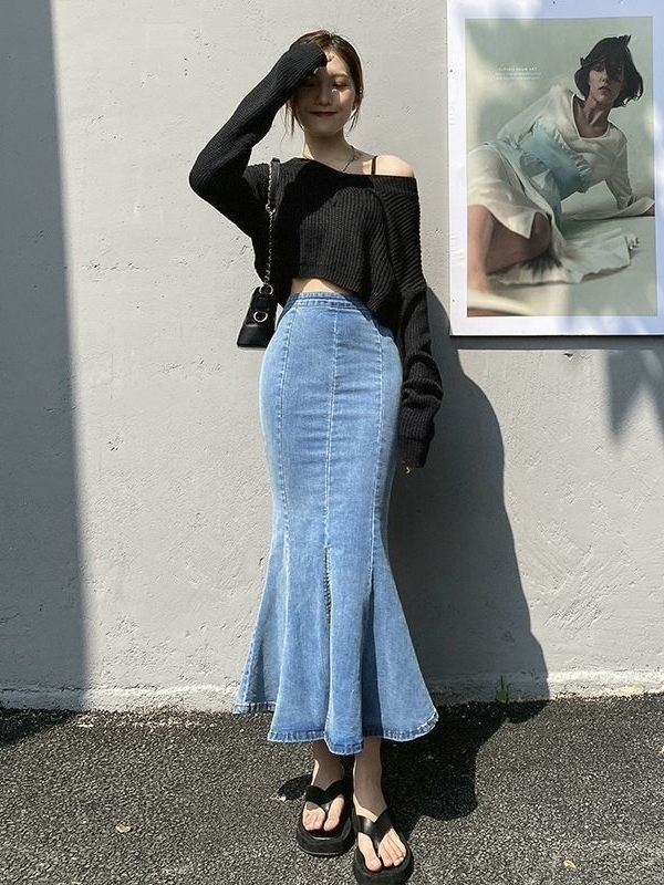 デニムスカート 裾広がりデニムマーメイドスカート マーメイドスカート