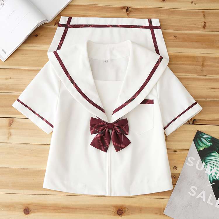 セーラー服 チェック柄リボン付き白 トップス 半袖 トップス/ブラウス