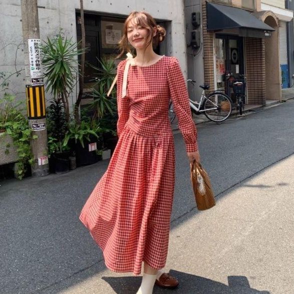 ギンガム チェック 優美な格子柄 ふんわり長袖ワンピース ワンピース