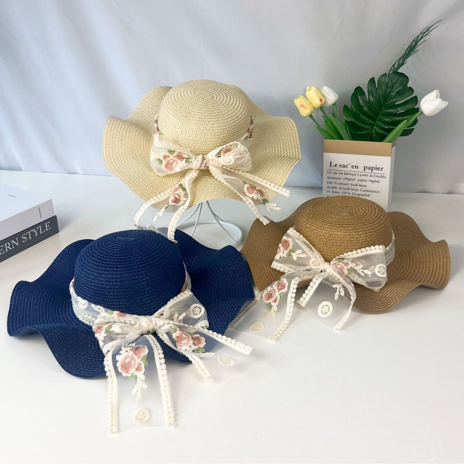 帽子 レディース 花リボン 波型つば麦わら帽子 麦わら|帽子 レディース