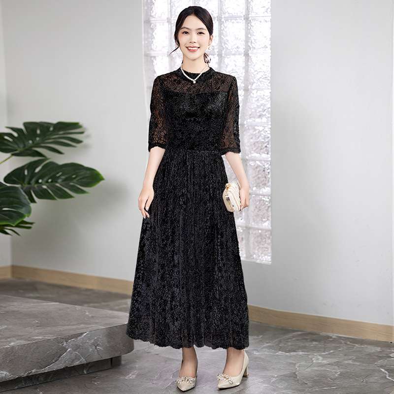 ネイビーコーデ ワンピース花柄総レースロングドレス パーティー