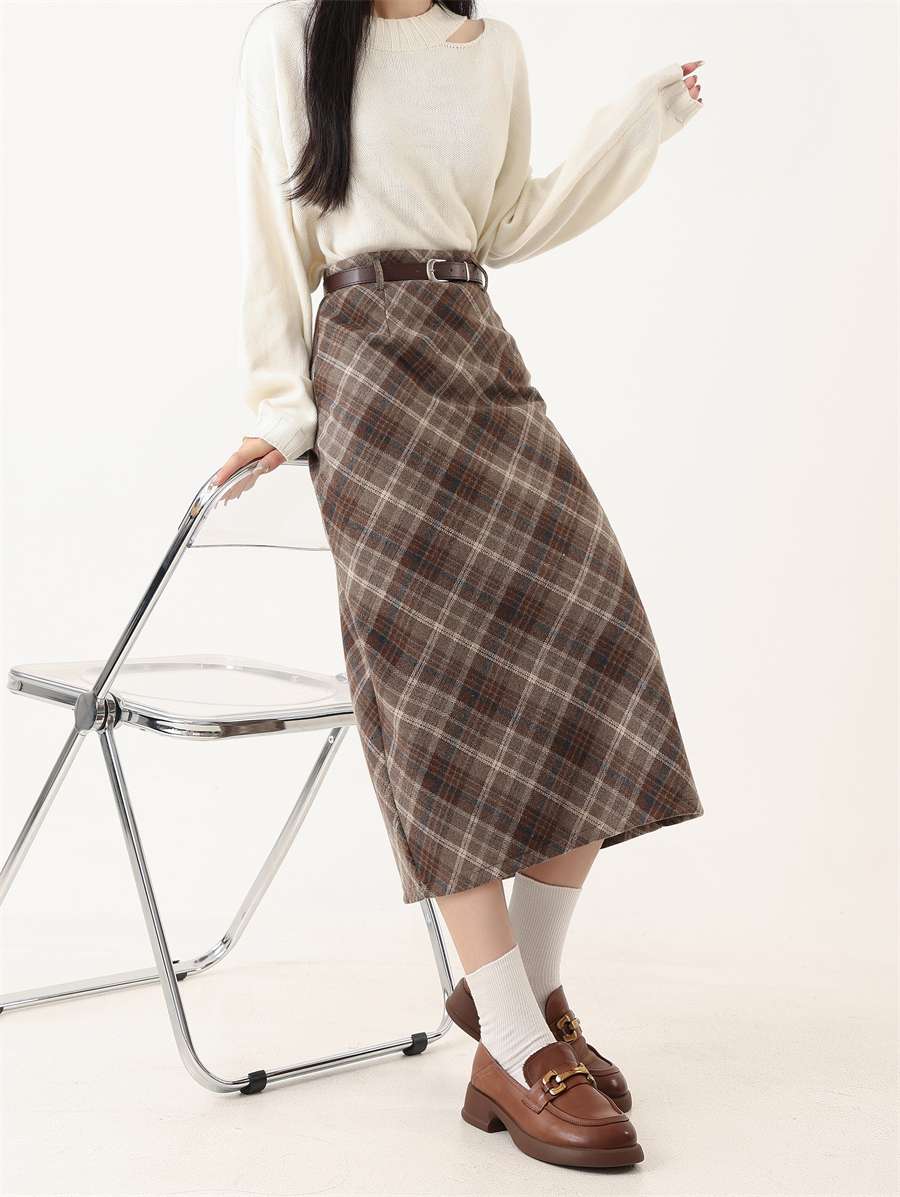 オフィスカジュアル チェック柄ミディ丈ウールタイトスカート タイト