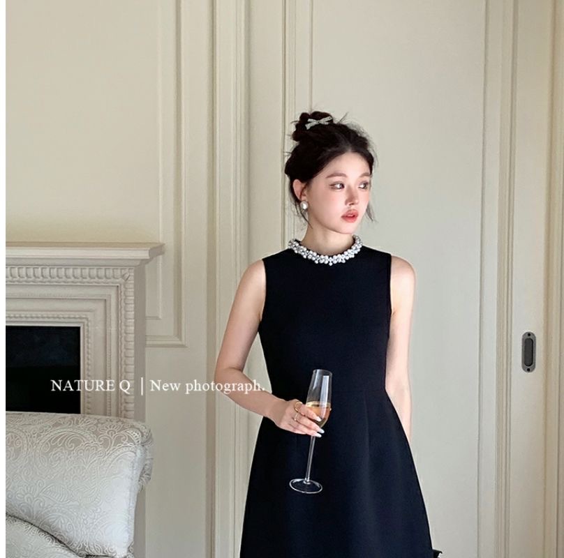 大人ワンピース ミニ パールネック ノースリーブワンピース ミニ|大人