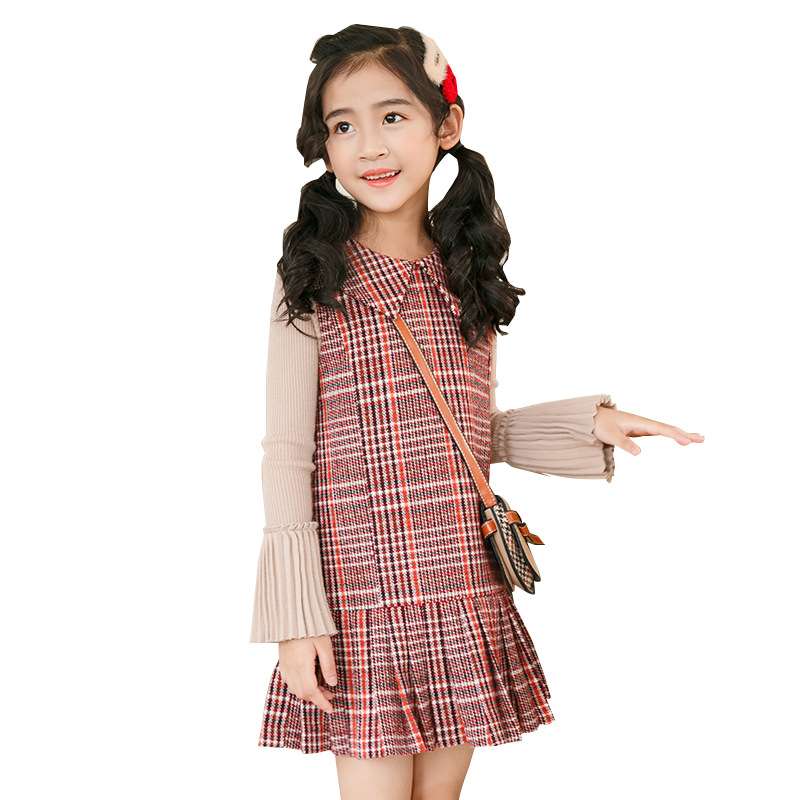 キッズドレス チェック柄プリーツワンピース 長袖リブニット重ね着風