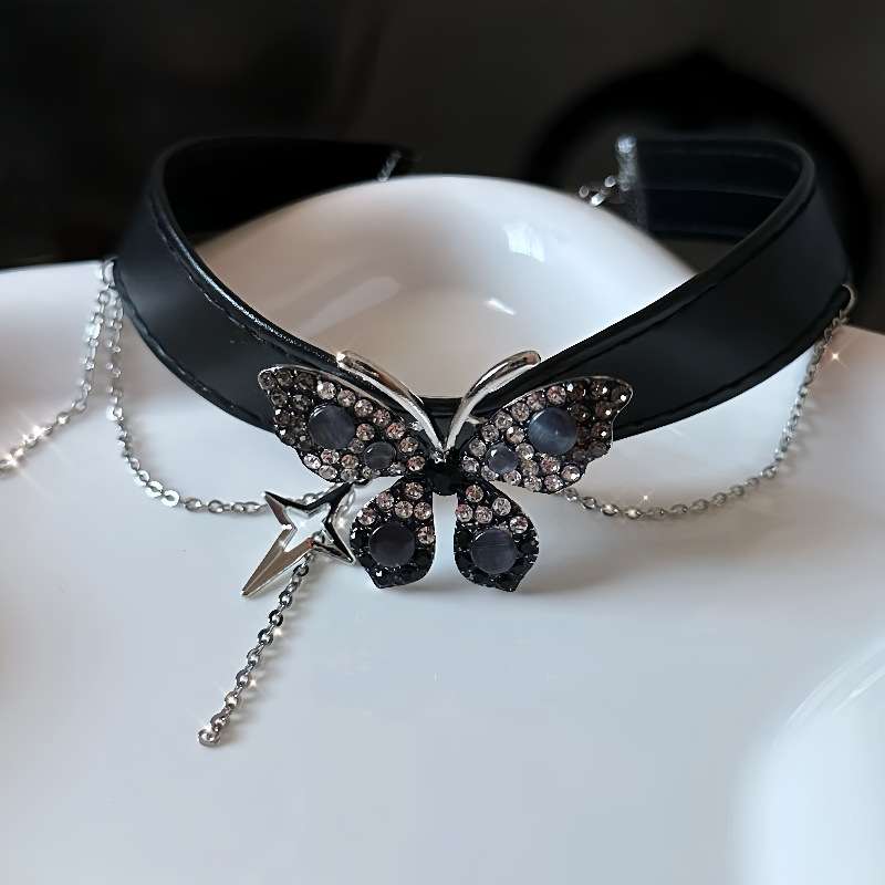 パンクファッション 蝶モチーフ ラインストーンチョーカー チョーカー