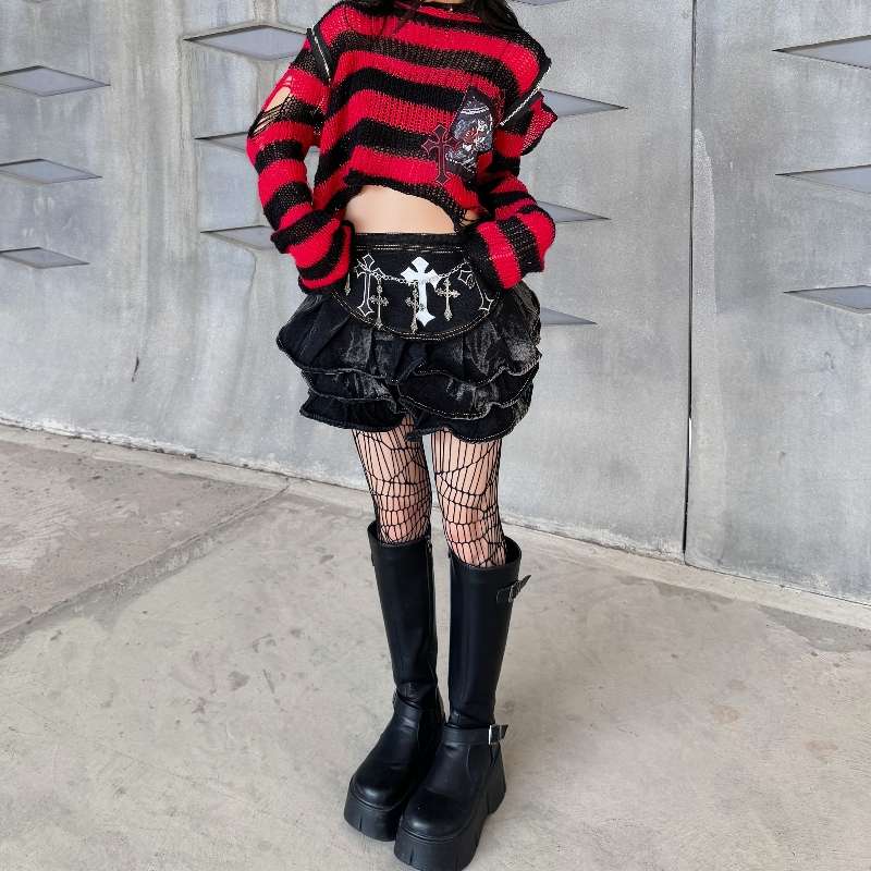 パンクファッション クロスチェーン付きゴシックフリルスカート