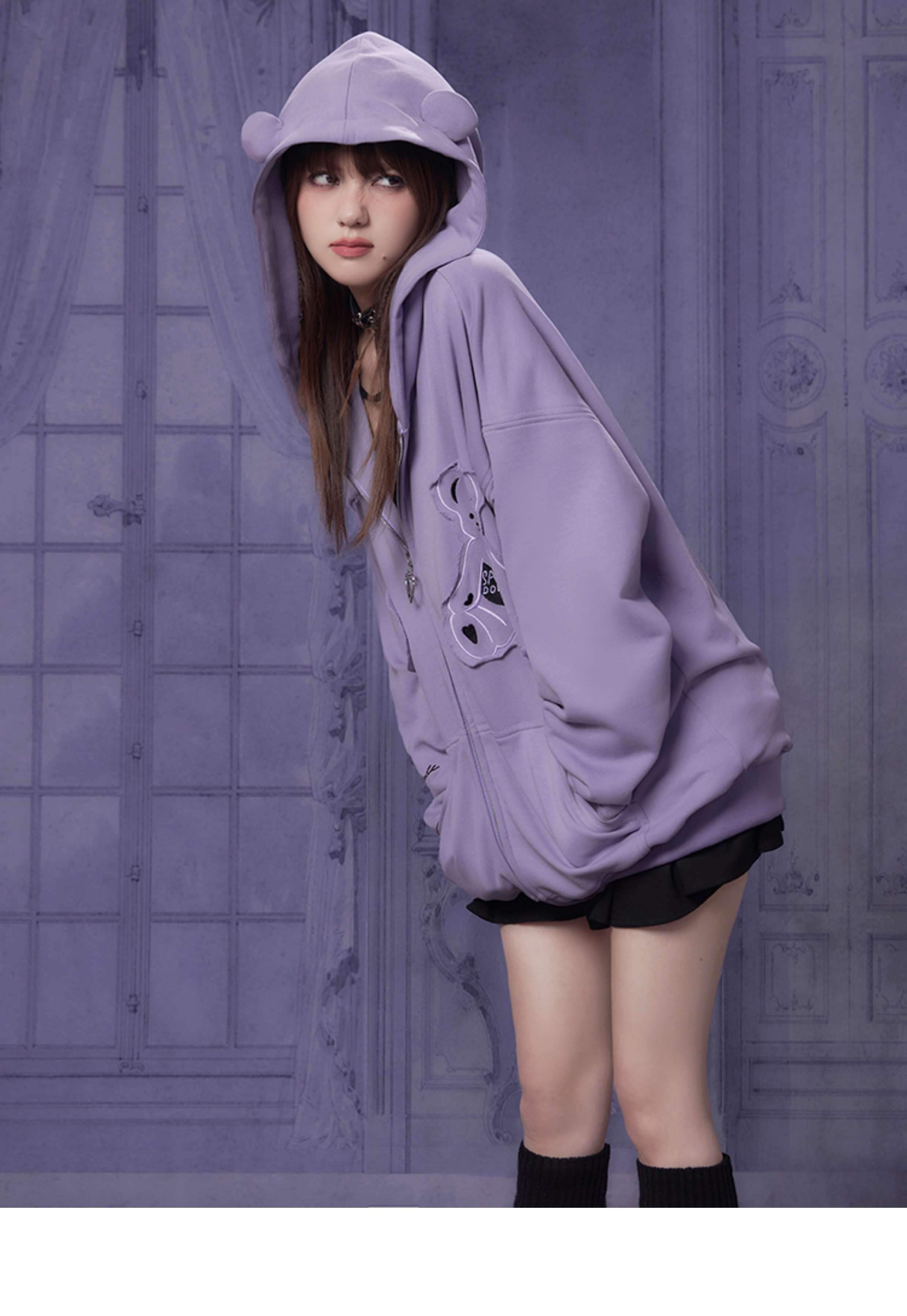 レディース スウェット パステルパープル テディベア ジップアップ