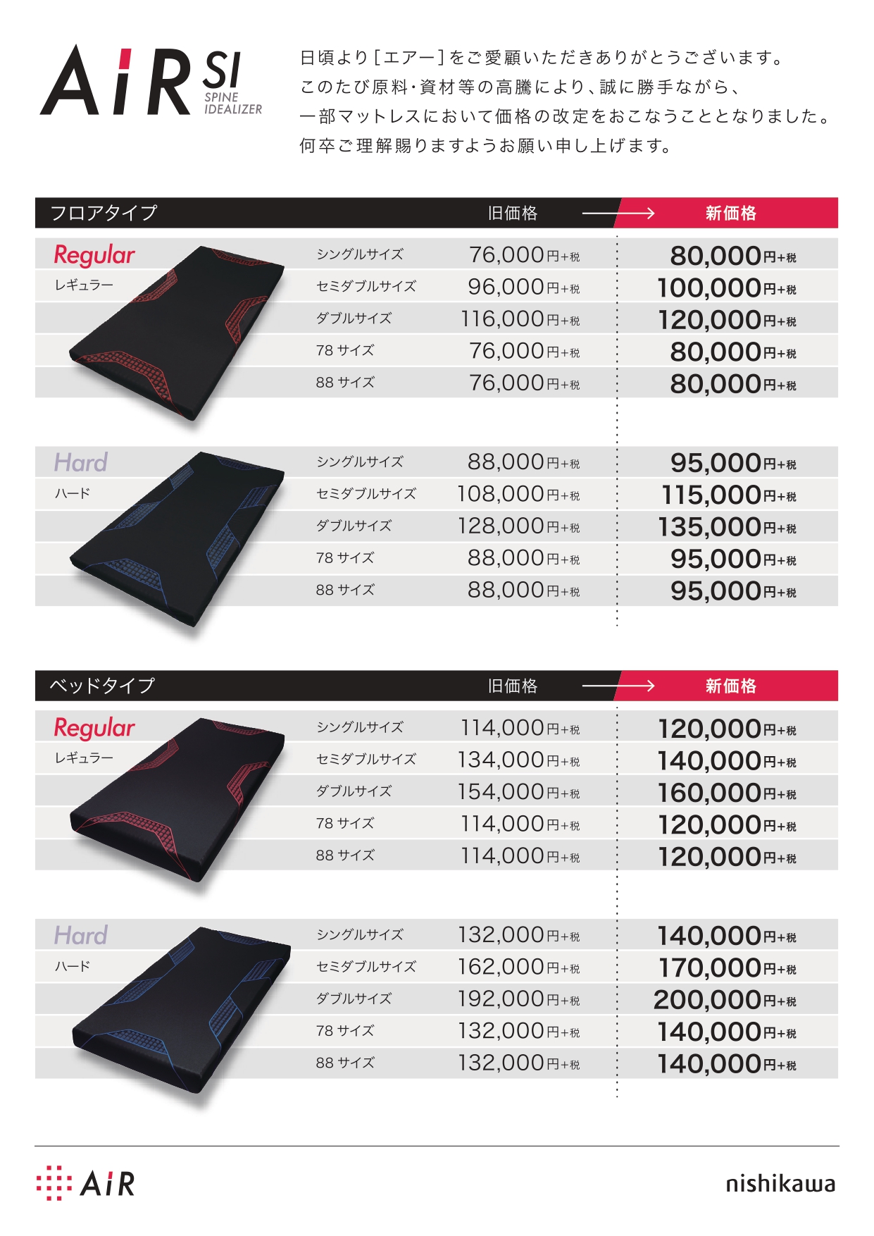 西川AIRマットレスシリーズ価格改定のご案内【2019年5月1日より